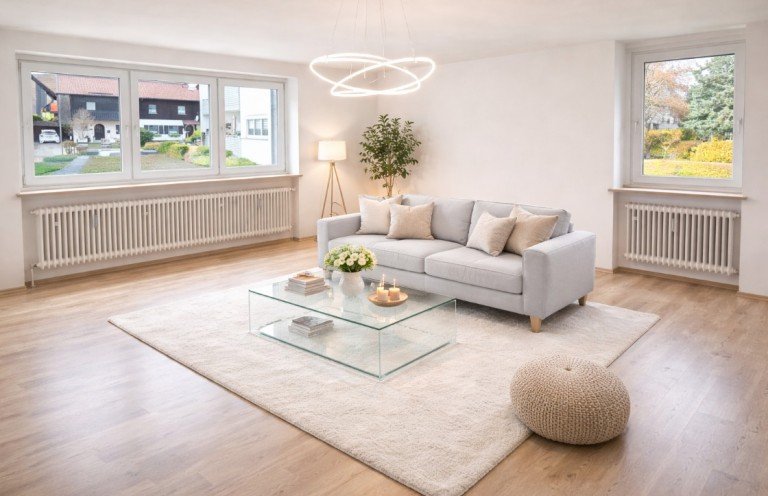 Symbolfoto Wohnzimmer, KI bearbeitet Grassau Erdgeschosswohnung 3-Zi. Erdgeschoss-Wohnung mit Balkon, sofort beziehbar