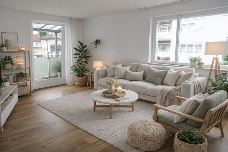 Wohnzimmer mit KI m�bliert Waldkraiburg Etagenwohnung Charmante 3-Zimmer-Wohnung mit Balkon und Garage in gepflegter kleiner Wohnanlage