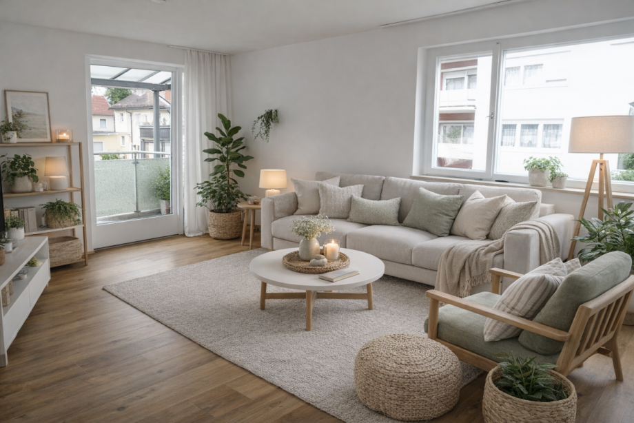 Wohnzimmer mit KI m�bliert Etagenwohnung Waldkraiburg